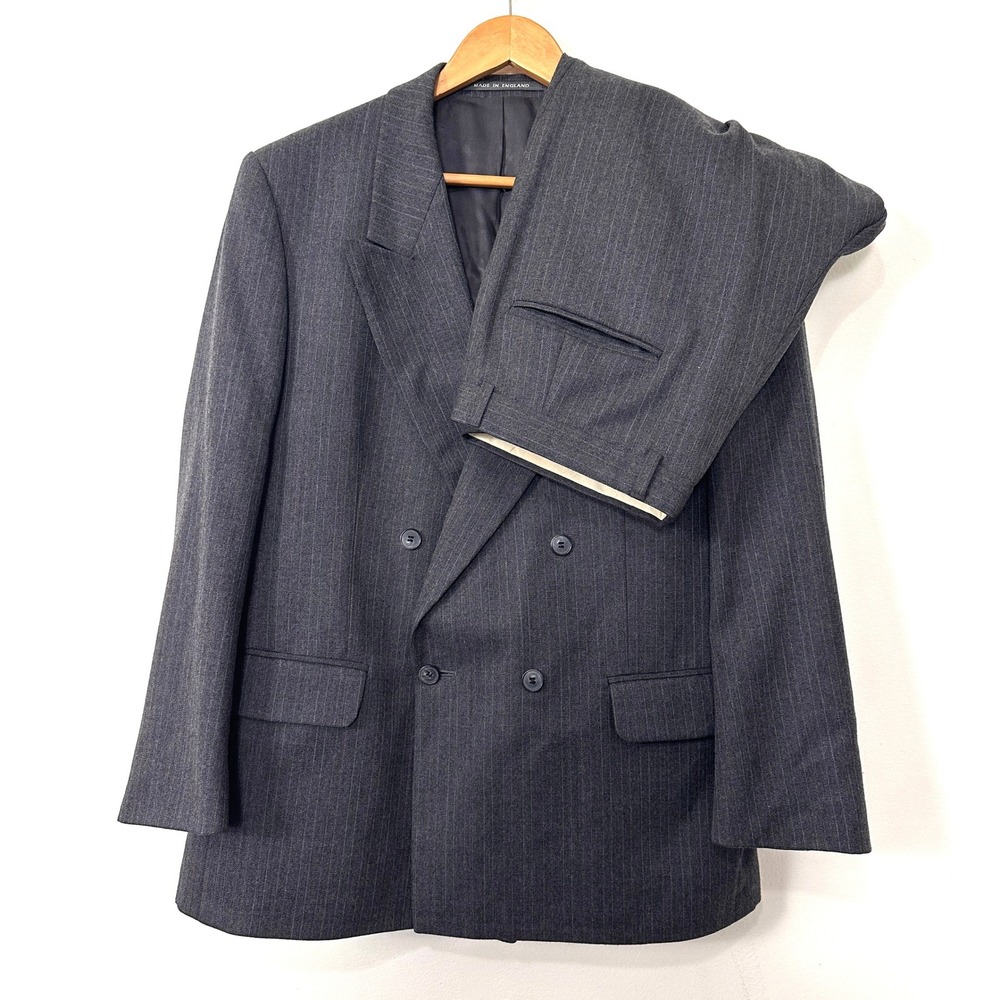 VTG Alexandre of‎ England Double Breasted Pinstripe Suit Charcoal Gray 42R 90s